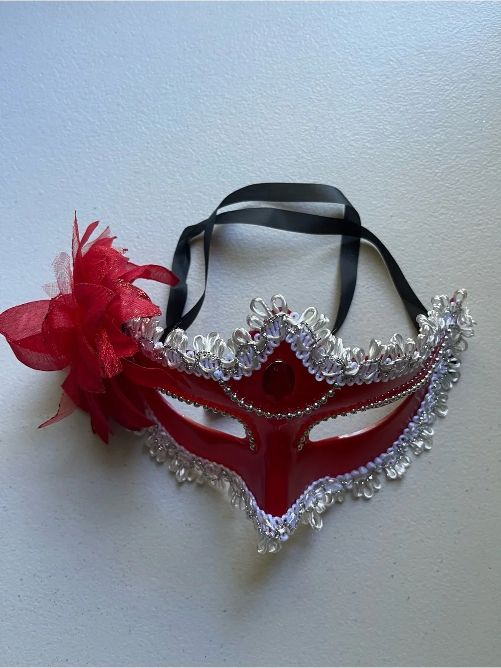 Red Decorative Masquerade Mask with Floral Accent
